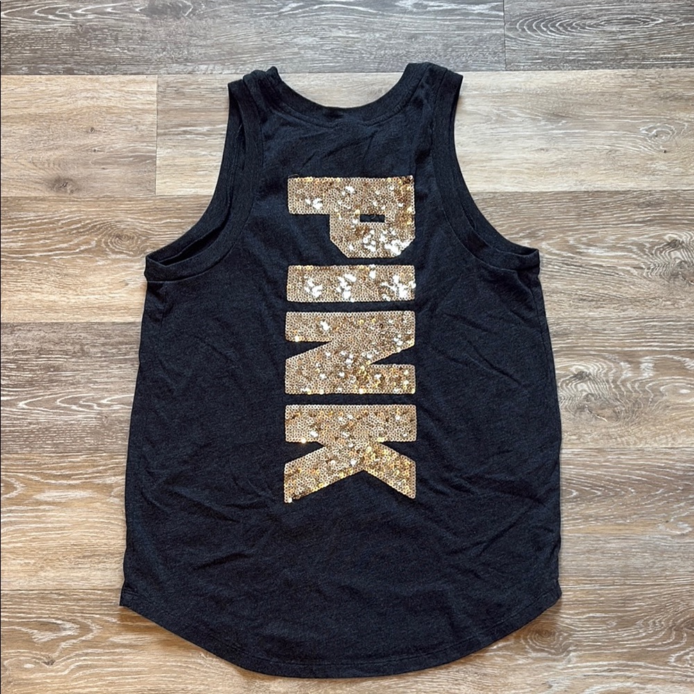 Black Tank Top with Gold Sequin Lettering